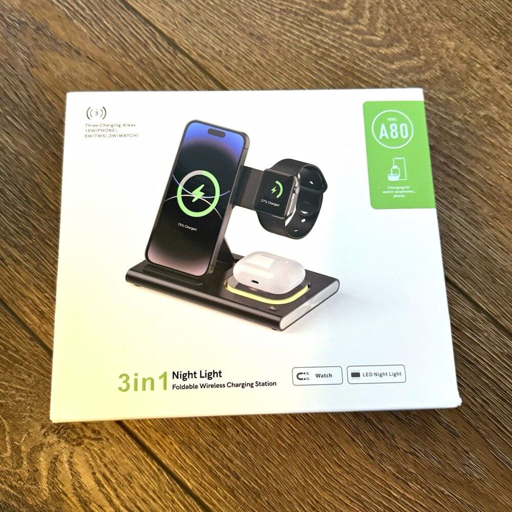 A80 3-in-1 Foldable Qi Wireless Charging Stand w/ LED Night Light, Black